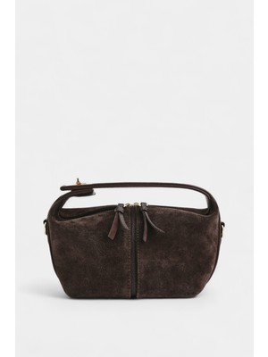 %100 Hakiki Süet Deri Fermuarlı Kapama ve Uzun Askı Detaylı Kadın El ve Omuz Çantası