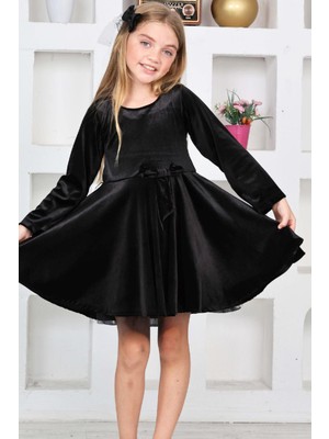 Modanino Kız Çocuk Kadife Elbise-Içi Tüllü ve Fiyonk Süslemeli 7-12 Yaş 12427