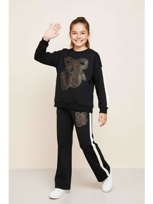 Modanino Kız Çocuk Taş Işlemeli Kiraz ve Fiyonk Desenli-2 Iplik-Alt-Üst Takım-5-12 Yaş 12445