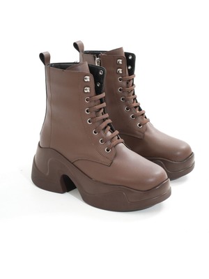 ZRİN-2550 Kahverengi Kalın Tabanlı Bağcıklı Fermuarlı Kışlık Premium Kadın Bot