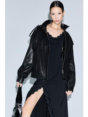 DeFacto %100 Deri Oversize Geniş Kalıp Dik Yaka Fermuarlı Mont G5515AX25AU