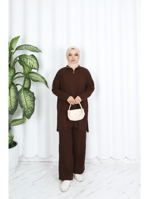 Nisum Yakası Fermuarlı Pantalonlu Triko Takım