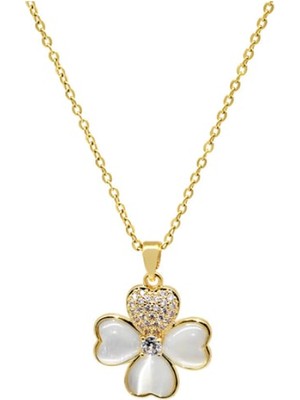 Stainless Steel Zirkon Taş Süslemeli Kalp Detaylı Yonca Yaprağı Kolye