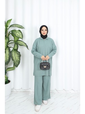 Nisum Yakası Fermuarlı Pantalonlu Triko Takım