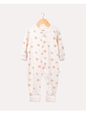 Hoogie %100 Organik Pamuk Gots Sertifikalı Fermuarlı Teddy Bebek Tulum - Ekru/ayıcık Desenli