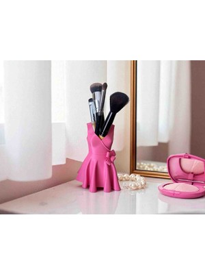 Multiogz ​pembe Elbise Tasarımlı Dekoratif Makyaj Organizeri - Fırçalık ve Kalemlik Standı