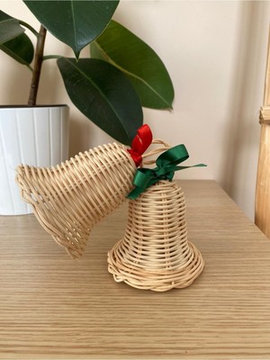 2’li Rattan Bambu Hasır Noel Çanı, Yılbaşı Süsü, Dekorasyon, Ekru