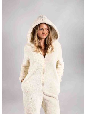 Kışlık Krem Kapüşonlu Polar Peluş Tulum Pijama Takımı