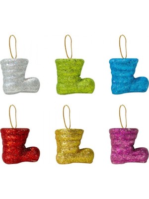 Kırmızı Mini Simli Yılbaşı Çam Ağacı Süsü, 6'lı Noel Çorabı Şeklinde Plastik Tepe Süsü