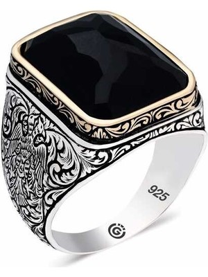 Gümüş Zirkon Siyah Taşlı Kare Erkek Yüzük