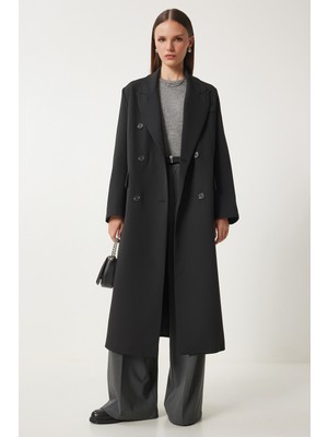 Happiness İstanbul Şal Yaka Oversize Premium Dokuma Ceket Kaban LFN0067 Siyah