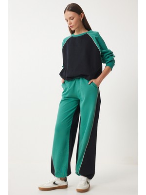 Happiness İstanbul Blok Denimli Eşofman Takımı LCV0003 Yeşil Siyah