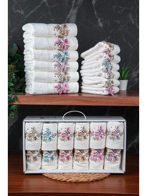 İhvan Online %100 Pamuklu 3D Kelebek Işlemeli 12 Li Analı Kızlı Çeyizlik Havlu Seti 50X90 cm - 00030