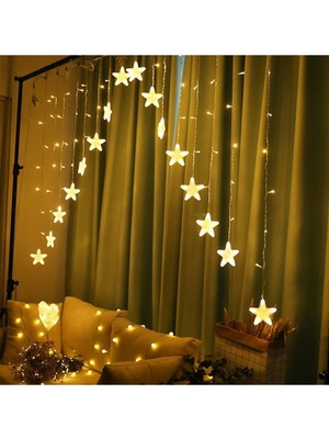 Yıldız Perde LED Işığı, 3m, 16 Saçak, 8 Fonksiyon, Yılbaşı ve Çatı Dekoru