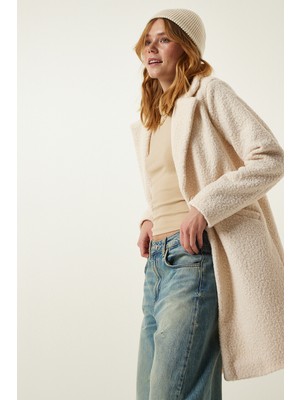 Happiness İstanbul Yün Karışımlı Buklet Kaban LDD0028 Krem