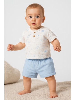 By Bubbles %100 Organik Pamuk Space Desen Müslin Kumaş Bebek Yazlık 2'li Şortlu Takım