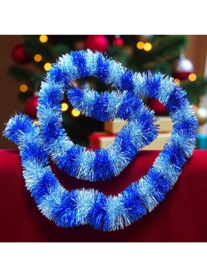 2 Metre Mavi Gümüş Metalik Yılbaşı Boyun Süsü, Yumuşak Garland, Mavi Dekorasyon