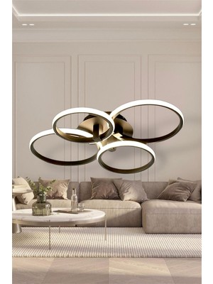 Modern 4'lü Siyah Yuvarlak Model Sarı LED Avize Salon Oturma Odası