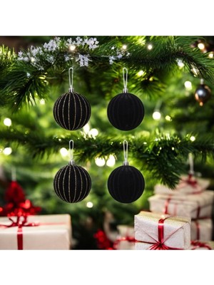 8cm Kadife Siyah Yılbaşı Topu 4'lü Set, Şık ve Zarif Dekorasyon Parçası