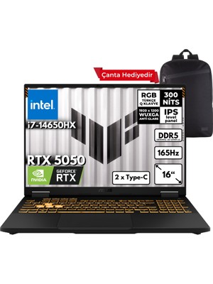 Asus Tuf Gaming F16 I7-14650HX 48-Gbddr5 1 Tbssd RTX5050 (8GB-GDDR7-115W) 16" Wuxga 165Hz Windows 10 Pro + Sırt Çantası FX608JHR-RV048ZG40
