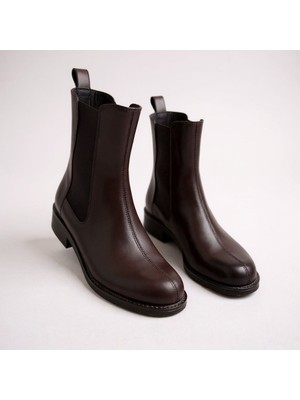 Ne&Ve Shoes Kahve Deri Iki Yandan Lastikli Kadın Chelsea Bot