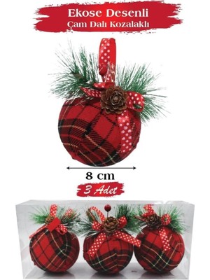 Renkli 3'lü Çam Dallı Örgülü Kozalak Seti, 8 cm