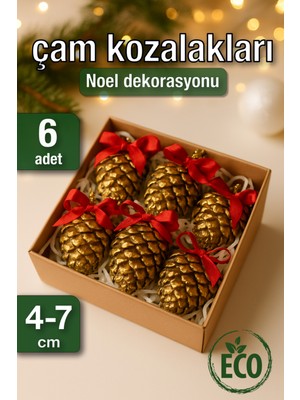 El Yapımı 6'lı Doğal Çam Kozalağı Yılbaşı Süsü, 4-7 Cm, Altın Renkli