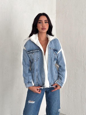 Elaxi Kadın Mavi Kot Garnili Fermuarlı Beyaz Kuzu Peluş Mont