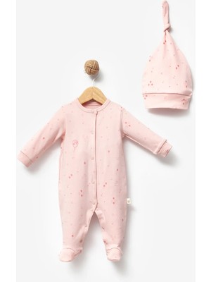 By Bubbles Pudra - Pembe %100 Organik Pamuk Balloon Baskı Unisex Patikli Bebek Tulumu Truvakar Kol