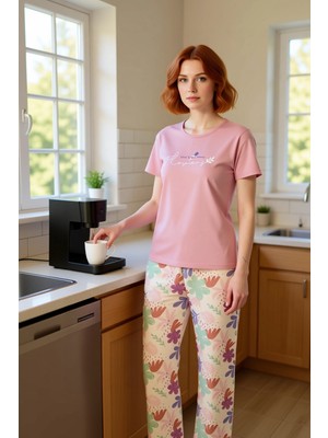 FRM Kadın Gül Kurusu Çiçekli Örme Pijama Takımı Fonksiyonel Dayanıklı Kaliteli Konforlu Modern