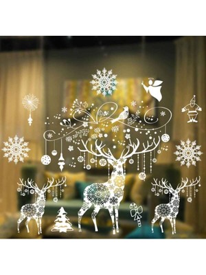 Yılbaşı Temalı 3'lü Beyaz Geyik Figürlü Duvar Sticker 70X50 cm