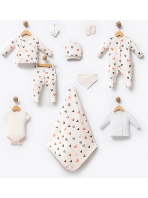 By Bubbles %100 0rganik Pamuk Kalp Baskılı Kutulu 10 Parça Unisex Bebek Hastane Çıkış Seti