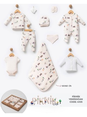 By Bubbles %100 Organik Pamuk Piknik Baskılı 10 Parça Kutulu Unısex Bebek Hastane Çıkış Seti