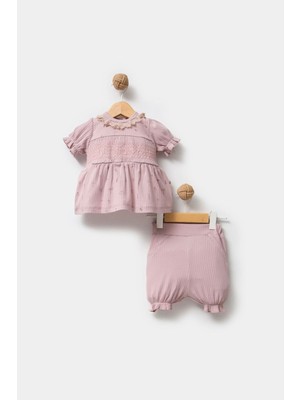 By Bubbles %100 Organik Pamuk Kumaş Dantel Yaka Kız Bebek Şortlu 2'li Takım