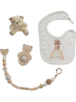 Style Baby Amazing Yenidoğan Unisex bebek Isimli Emzik Askısı ve Ayıcık Baskılı Penye önlük hediye Seti