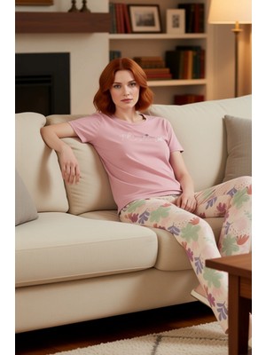 PayBuy Kadın Çiçekli Sloganlı Bisiklet Yaka Pijama Takımı Fonksiyonel Dayanıklı Kaliteli Konforlu
