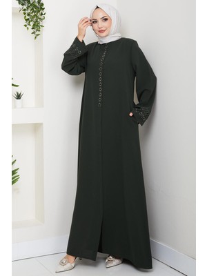 Gizli Patlı Çiçek Taşlı Ferace Haki HM2859