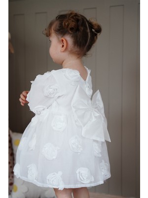 Alyra Kids Kız Bebek Elbise Uzun Kollu Fiyonklu Güllü Doğum Günü Parti Düğün Özel Gün Abiye Kız Çocuk Elbise Beyaz ALY1021