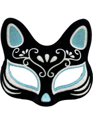 Renkli Süet Kaplama Gümüş Mavi Simli Kedi Maskesi 17X14 cm