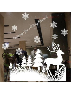 Beyaz Çam Ağaçlı Geyik Figürlü Yılbaşı Sticker 70X50 cm