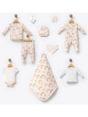 By Bubbles %100 0rganik Pamuk Gökkuşağı Baskılı Kutulu 10 Parça Unisex Bebek Hastane Çıkış Seti