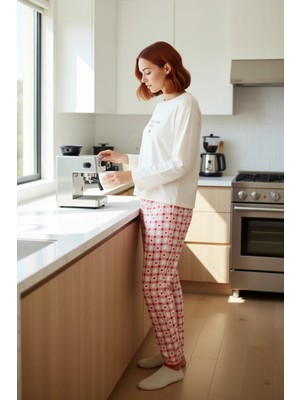FRM Kadın Pudra Slogan Nakışlı Ekose Pijama Takımı Fonksiyonel Dayanıklı Kaliteli Konforlu Şık