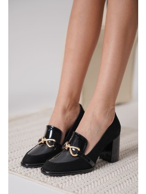 Trendella     Melly Siyah Rugan Süet Detaylı Kadın Topuklu Ayakkabı