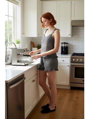 FRM Kadın Leopar Desenli Fırfırlı Pijama Takımı Fonksiyonel Dayanıklı Kaliteli Konforlu Modern