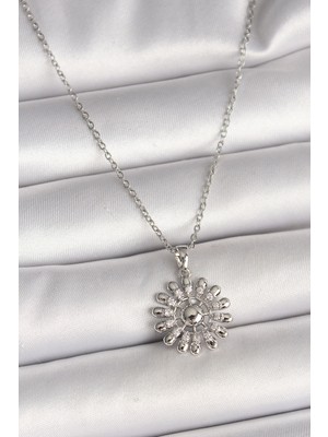 Mustran 316L Çelik Gümüş Renk Zincir Zirkon Taşlı Güneş Model Kadın Kolye