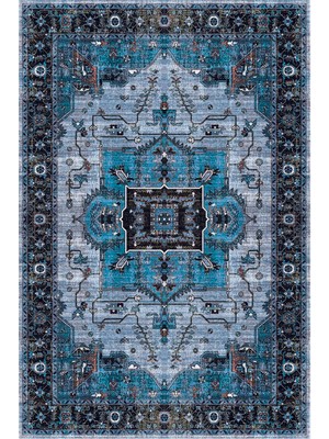 Kilim Home Mars 2251 Mavi Bordürlü Modern Yıkanabilen Dokuma Taban Dekoratif Halı