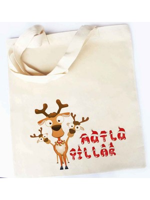 Renkli Üç Başlı Geyik Baskılı Ham Bez Çanta, Yılbaşı Hediye Seti, 5 Adet