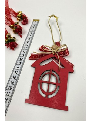 Kırmızı Ahşap Ağaç Süsü, Ev Için 5 Parça, Yılbaşı Temalı Dekorasyon Seti