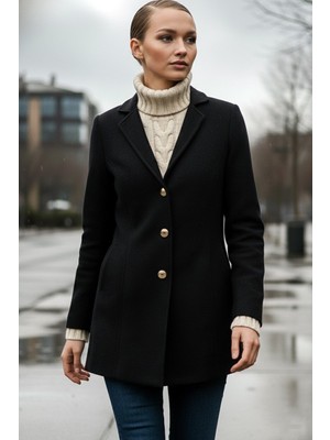 1Tarz Tasarım Yaka Şık Üç Düğme Kaşe Siyah Kaban