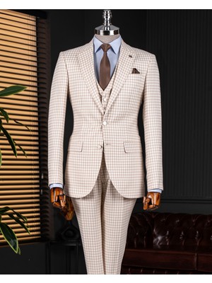 İtalyan stil slim fit kazayağı desenli ceket yelek pantolon takım elbise bej T12789